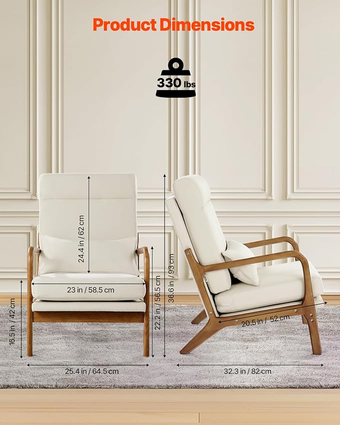 VEVOR Accent Chair High Back Mid Century Modern Armchair with Solid Wood Frame and Non-Slip Legs Upholstered Leisure Chair with Linen Fabric and 5.3 in Thickened Cushion for Living Room Bedroom