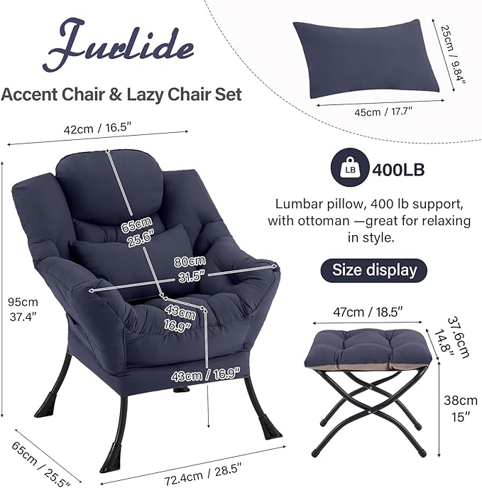 Lazy Chair with Ottoman Modern Lounge Chair with Lumbar Pillow Accent Cozy Reading Armchair and Folding Footstool for Bedroom Dorm Living RoomNavy