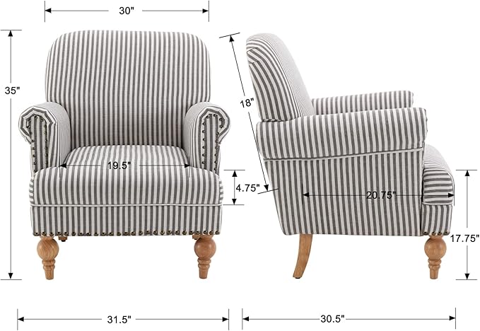 Black Striped Linen Fabric Accent Chair Modern Farmhouse Upholstered Armchair with Nailhead Trim &amp Ball Turned Wood Legs Cottage Club Chair for Living Room Bedroom Guest Room