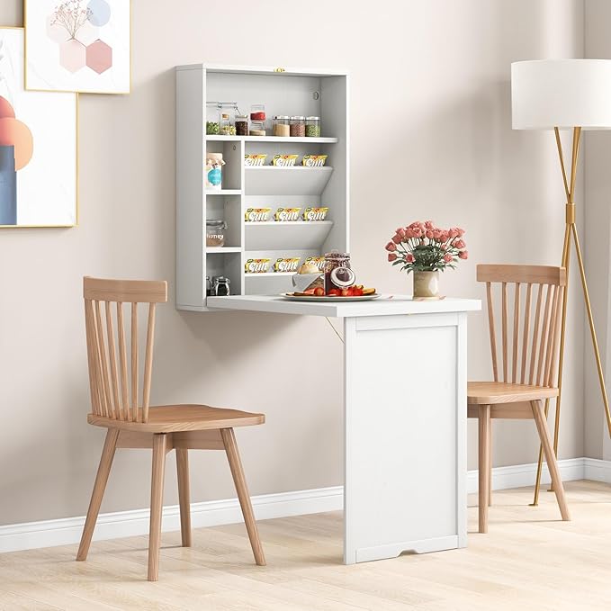 Tangkula Foldable Wall Mounted Desk Floating Table with Storage Shelves &amp Hooks Space-Saving Fold-Up Murphy Desk for Small Spaces Home Office Dorm Room