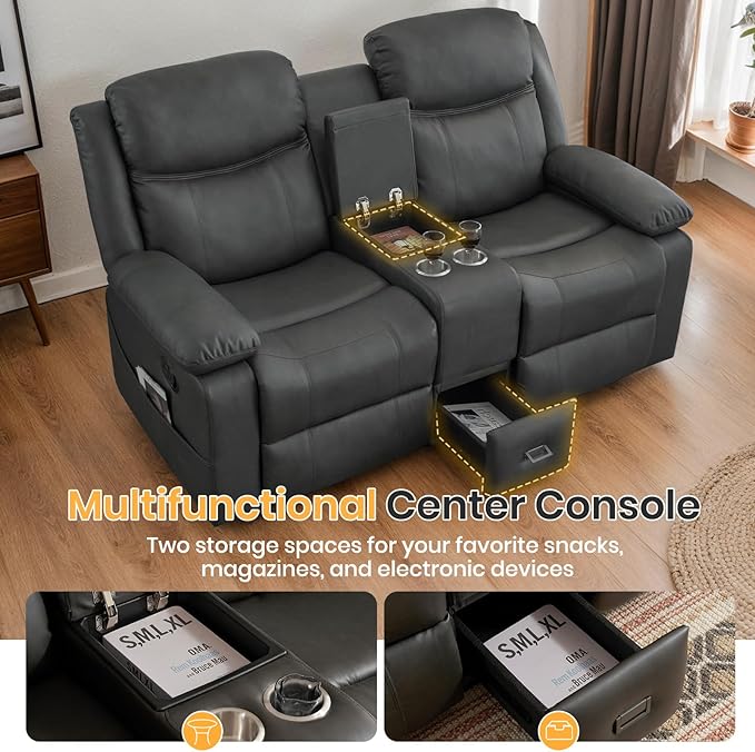 Loveseat Recliner Sofa with Massage &amp Heating Reclining Loveseat with Console RV Wall Hugger Double Loveseat Recliner Couch for Living Room &amp Home Theater (Grey)