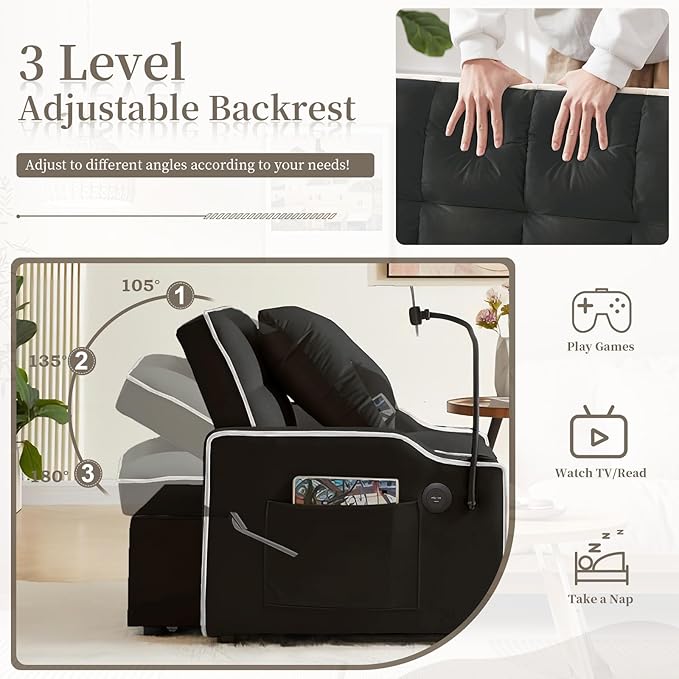 Convertible Sleeper Sofa Chair Bed 3 in 1 Velvet Single Small Futon Sofa Bed with Phone Holder &amp USB PortsPull Out Couch Recliner with Adjustable Backrest for Living Room Office Small Place(Bl