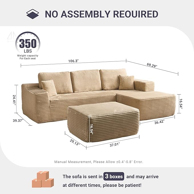 106 Cloud Sectional Couch with Comfy Chaise and OttomanPlush Corduroy Boneless Couches for Living RoomU Shaped Sofa in A Box No Assembly RequireBeige