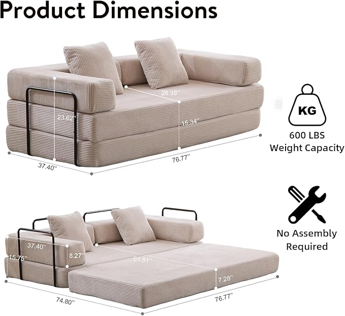 Corduroy Light Grey Folding Convertible King Size Sofa Bed with Pillows Modern Floor Couch 76.77L x 37.4W x 23.62H