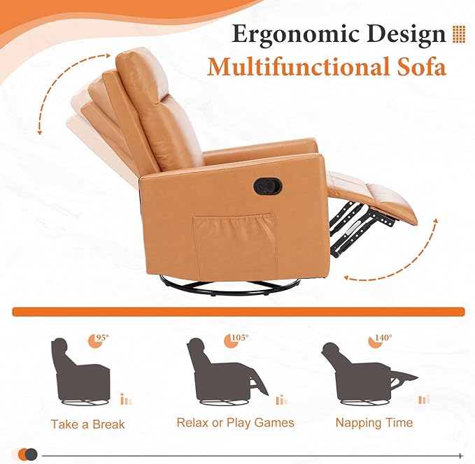 Sweetcrispy Recliner Chair 360 Swivel Rocker Chair for Adults Glider Rocker Recliners Nursery Chairs for Living Room High Back Upholstered Deep Seat Classical Brown