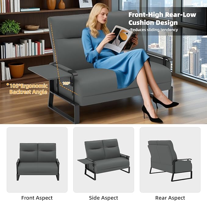 Faux Leather Loveseat Couch for Living Room Small Sofa 2 Seater Couch with Flip Up Tray Table Side Pockets Leather Loveseats (2-Seater)