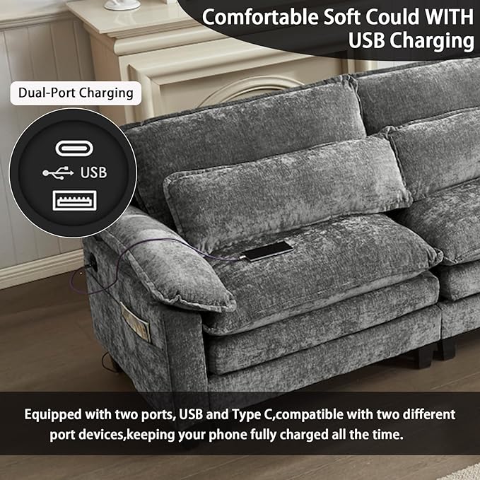 113'' Modular Sectional SofaL Shaped Couch with Movable Ottoman Comfy Cloud Sofa with Deep Seat 3 Seat Convertible Sectional Couches for Living Room with USB Charging &amp Side Pockets(Grey)
