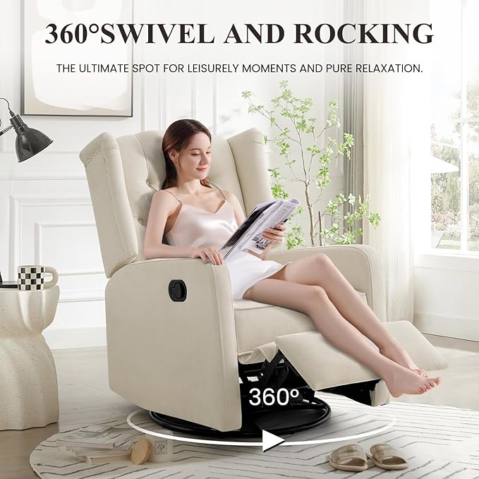 360 Swivel Rocker Recliner Chair for Adults Nursery Chair for Small Spaces Living Room Upholstered Fabric Glider Recliner Lvory