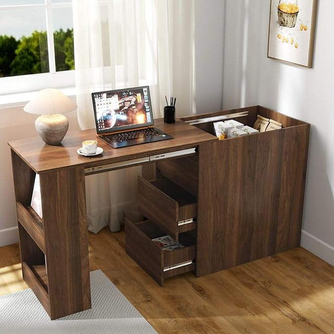 Computer Desk with Storage Drawers Modern Corner Workstation with Extendable Table Walnut Writing Desk for Small Spaces Home Office Folding Table with Cabinet