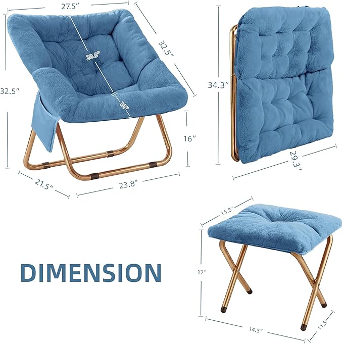 Comfy Saucer Chair Foldable Living Room Chairs Soft Faux Fur Lounge Chair for Bedroom Reading Chairs for Adults Teens X-Large (Blue)