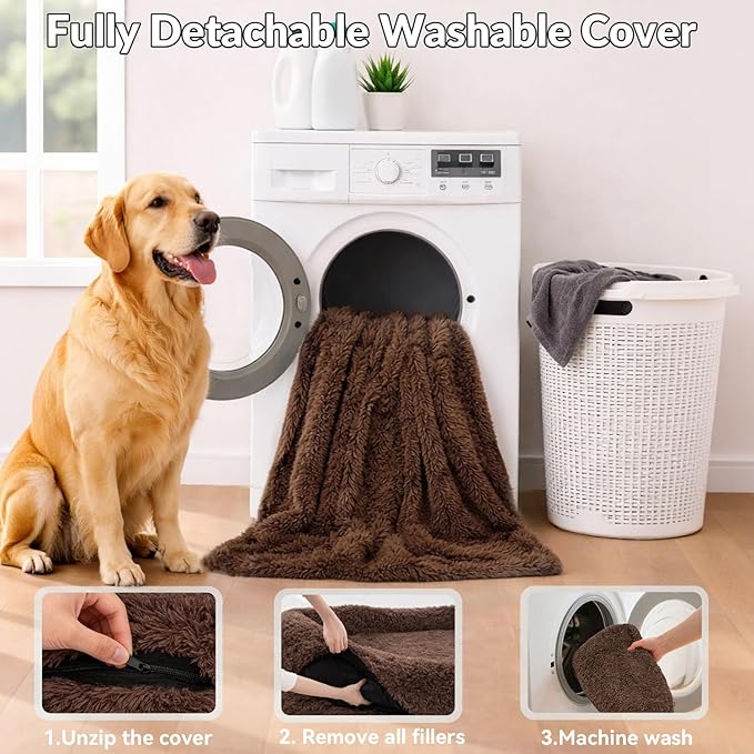 71x44x12.5 Human Dog Bed for Adult Faux Fur Washable Human Dog Bed Portable Handle Egg Orthopedic Foam Human Bed Extra Large with Present Blanket Brown