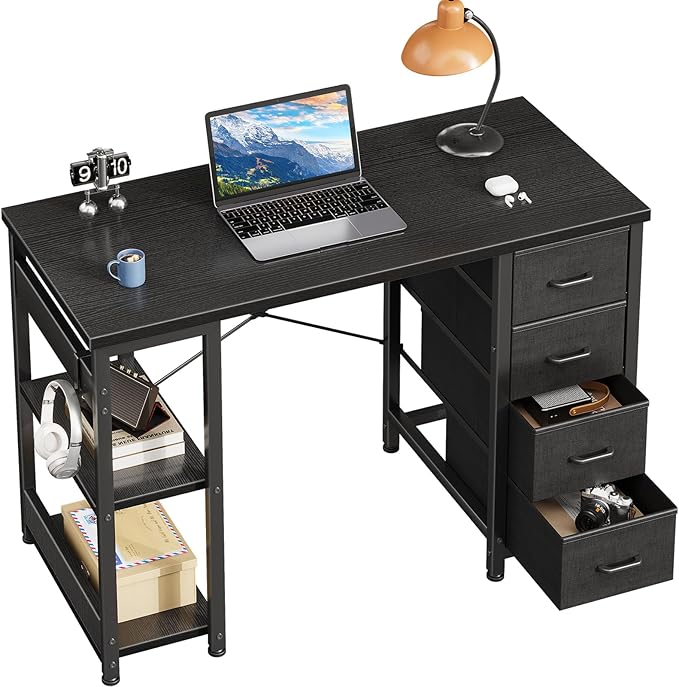 Casaottima 40 Inch Small Computer Desk with 4 Fabric Drawers Modern PC Desk for Small Spaces Home Office Desk with Storage Shelves Black