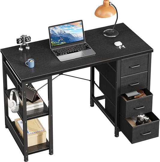 Casaottima 40 Inch Small Computer Desk with 4 Fabric Drawers Modern PC Desk for Small Spaces Home Office Desk with Storage Shelves Black