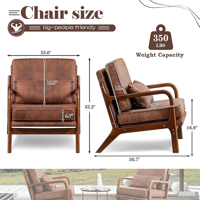 Brown Leather Accent Chairs Mid Century Modern Living Room Chairs Sillas De Sala Solid Ruberwood Arm Chair for Livingroom Bedroom Office Comfy Reading Lounge Decorative Side Sitting Chair