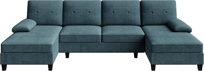 JAMFLY 107 U-Shaped Modern Sofa Modular Sectional Cloud Couch with Chaise 4-Seat Deep Seat Sofa for Living Room Bedroom and Apartment Blue