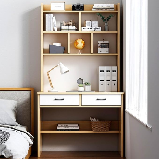 Wooden Computer Desk with Hutch and BookshelfHome Office Desk with Drawers and Storage Shelf Space Saving Writing Study Desk Workstation(31 L x 20 W x 71 H B)