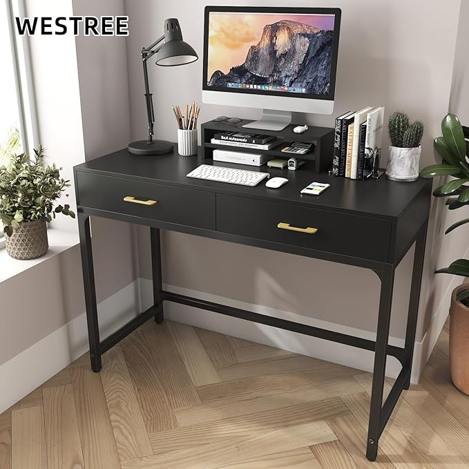 WESTREE Computer Gaming Desk Office - Study Writing Desk with Drawer for Teen Bedroom Makeup Desk Home Office Furniture with Storage Shelf Height Monitor Stand