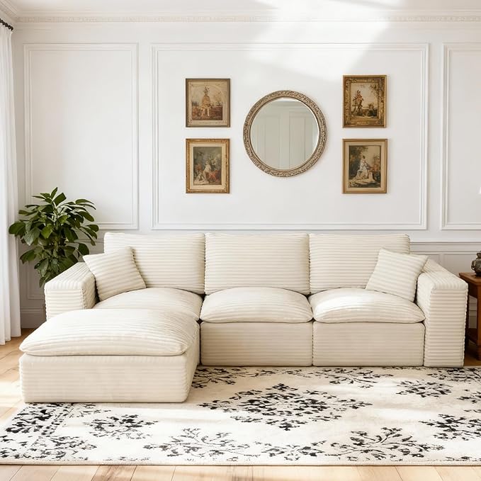 108'' Modular Sectional Sofa with Ottoman Corduroy Cloud Sectional Couches for Living Room High-Back Modern L Shaped Boneless Couch Deep Seat 3 Seater Sofa No Assembly Required Beige