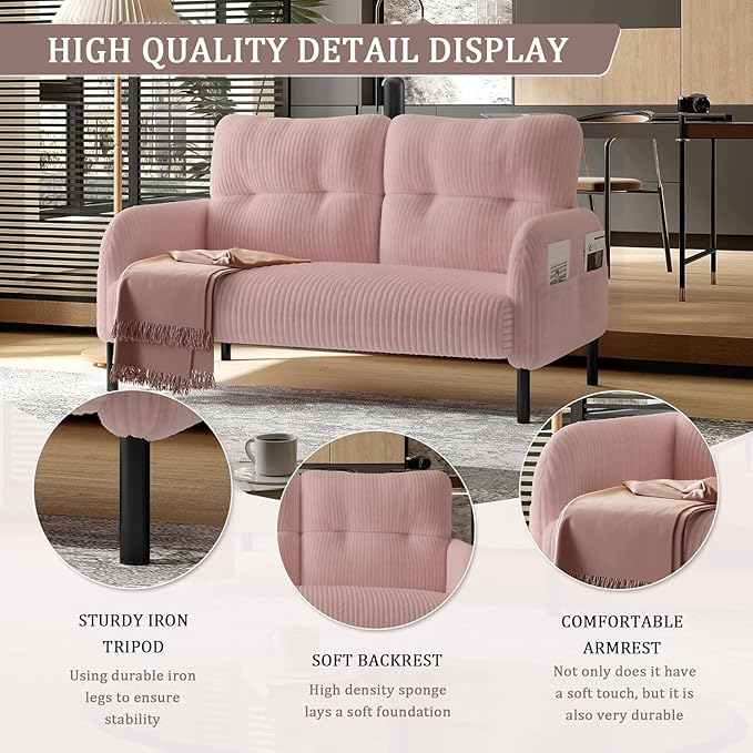 Corduroy Loveseat for Living Room &amp Bedroom - Modern 2-Seater Sofa with Storage PocketsSolid Wood Frame High-Density FoamComfortable Compact Couch for Small Spaces500 lb Capacity (Pink)