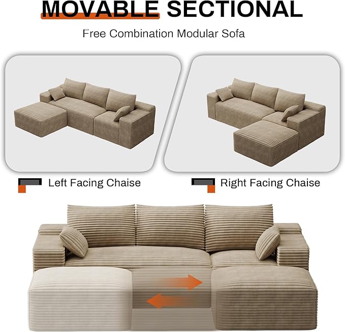 108 L Shaped Boneless Sectional Couches for Living Room Comfy Sectional Couches Deep Seat Modular Sofa Cloud Fluffy Couch with Movable Ottoman No Assembly Needed Light Brown