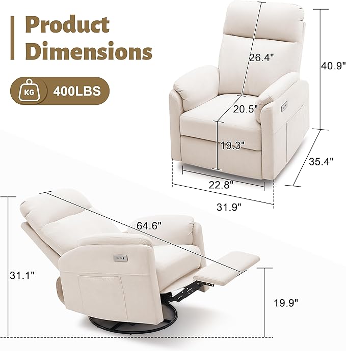 Power Glider Recliner Nursery Rocking Chair with USB Ports Glider Chair with Lumbar Pillow for Living Room Glider Swivel Recliner Chair for Nursery(Beige)