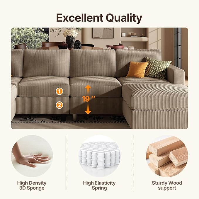101 Inch Brown Corduroy Sectional Sofa U Shaped Sectional Sofa with 2Ottomans 6 Seater Convertible Corduroy Sofa Comfortable Living Room Couch (Camel 4 Seat with 2 Ottoman)