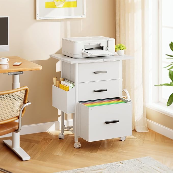 Mexin 3 Drawer File Cabinet with 24'' Extended Desktop Mobile Filing Cabinet Printer Stand Rolling Printer Stand with Side Bag Fabric Drawer Fits A4 Size Home Office White