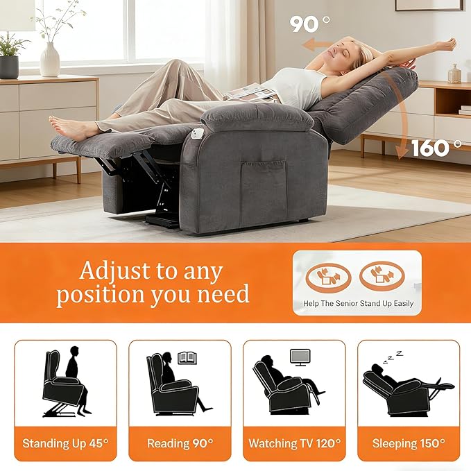 Power Lift Recliner Chair for Adult with Heated and Full Body Massage Glider Nursery Chair with Cup Holder and USB Charge Port Oversided Swivel Rocker Recliner for Living/Study/Bedroom Room Grey