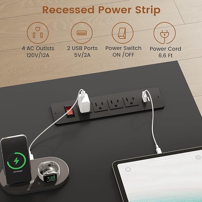 SEDETA Office Desk with 2 Drawers 59 Fluted Computer Desk with Storage and Power Strip Wood Executive Desk Writing Desk for Home Office Living Room Bedroom Black
