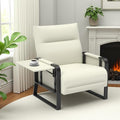 Faux Leather Accent Chair with Flip Up Tray Table Soft Backrest Side Pocket for Living Room Office Bedroom Leather Accent Chair Beige