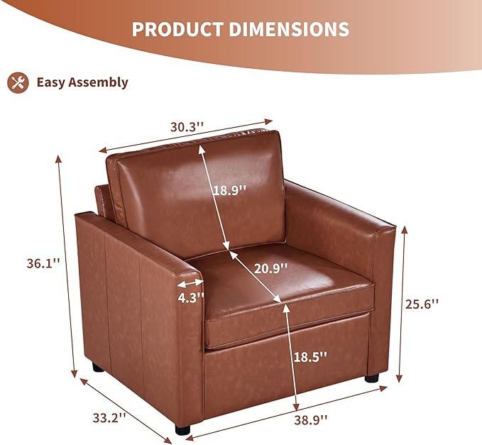 Faux Leather Armchair for Living Room Mid-Century Accent Chair with Deep Seat Cushion Upholstered Comfy Reading Chair Single Sofa Chair for Bedroom Apartment Office Brown