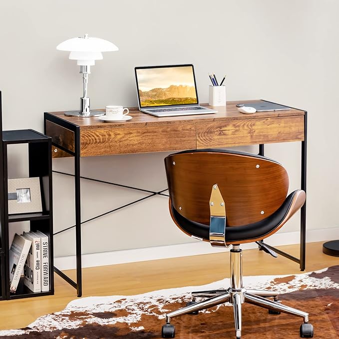 Tangkula Computer Desk with 2 Drawers 44 Study Writing Table w/Heavy-Duty Steel Frame &amp Reinforced Structure PC Desk with Storage for Home Office (Coffee)