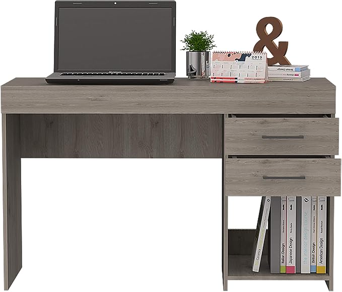 Open Shelf Computer Desk Light Grey - Spacious 2-Drawer Office Desk for Home Study - Modern Design with Ample Storage