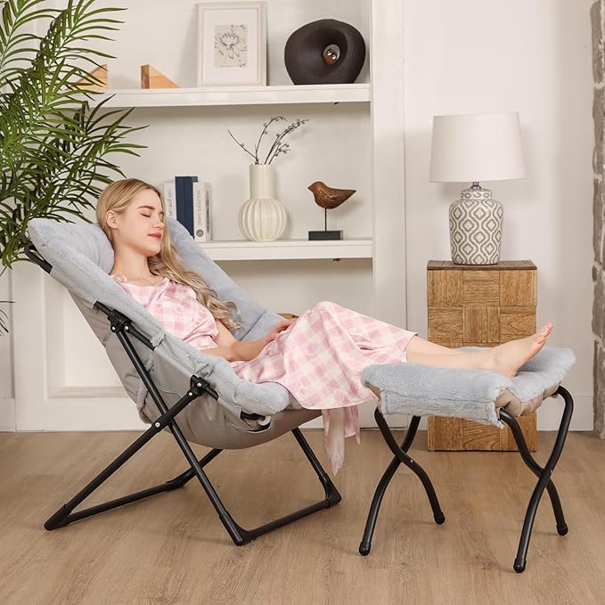 Comfy Saucer Chair for Adults Soft Faux Fur Bedroom Chair with Ottoman Accent Dorm Chairs Living Room Reading Chairs and Footstool Folding Seat for Teens X-Large Grey