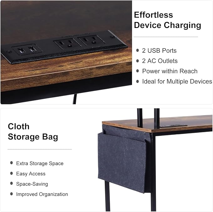 FurnitureR Computer Desk with LED Lights Monitor Stand USB Charging Port Storage Drawer Side Shelf &amp Cloth Bag 39.4-Inch Home Office Desk Workstation Rustic Brown