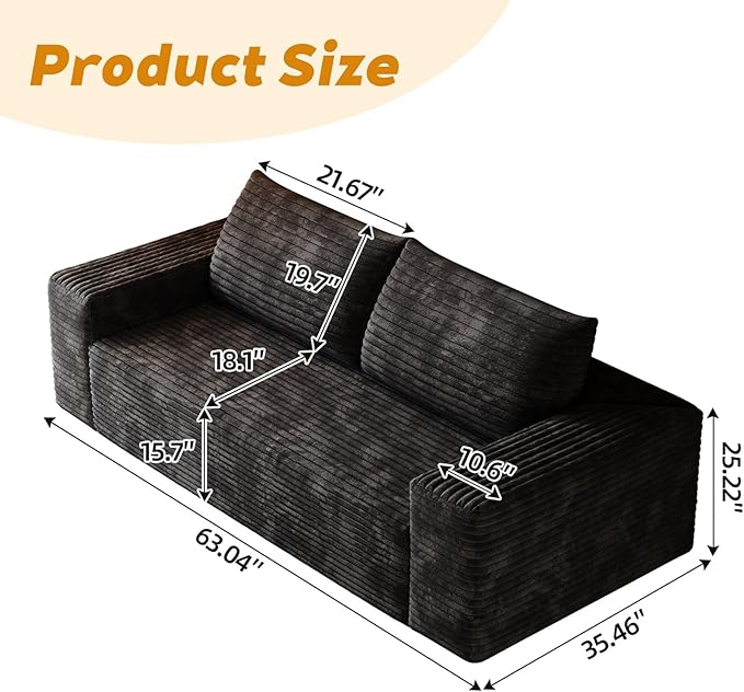 63 Sofa in a Box Compressed Boneless Couch with Wide Armrests &amp 2 Cushions Cloud loveseat Sofa for Living Room Memory Foam Deep Seat Corduroy Fabric No Assembly (Black 2)