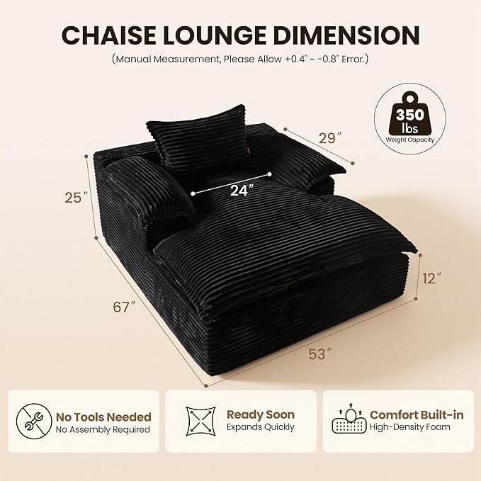 Chaise Lounge Chair Indoor Oversized Sleeping Couch 67L *53W Assembly Free Modern Minimalist Sofa With Comfy Curved Armrest Extra Deep Large Single Sofa for Living Room(Black Plush Fabric)