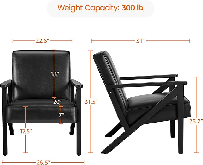 Yaheetech Accent Chair PU Leather Reading Chair Mid Century Modern Arm Chair with Solid Wood Frame for Living Room Bedroom Waiting Room 2 Pieces Black