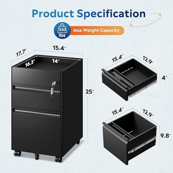 DEVAISE Metal File Cabinet with Lock 2 Drawer Under Desk Filing Cabinet with Wheels Locking File Cabinet for Letter/Legal/A4 Size Black