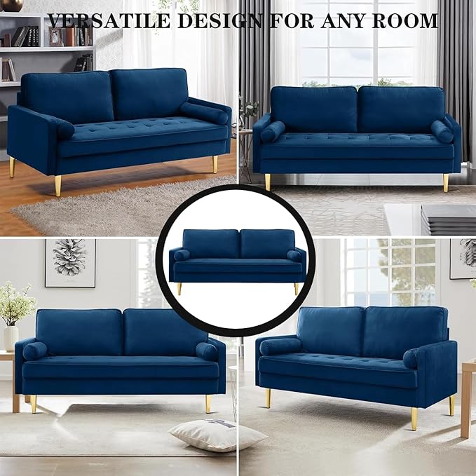 Modern Navy Tufted Velvet Loveseat Futon Club Two Seater Sofa Compact for Living Room Studio Office Dormitory Breathable Spring Small Sofas for Entertainment Room Suitable Bedroom (67 Navy)