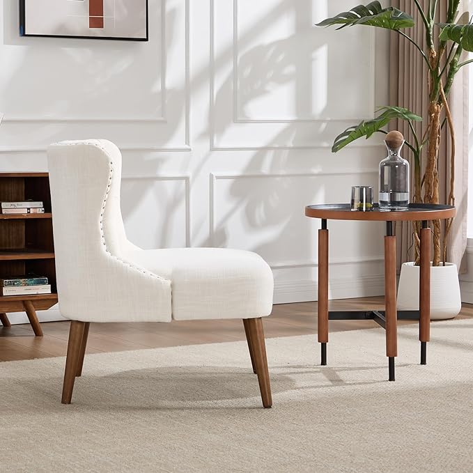 Kmax Accent Chair Slipper Chair with Button Tufted Wingback Armless Living Room Chair with Nails Decorative Modern Side Chair for Bedroom Reception Office Small Space - Linen Beige Walnut Legs