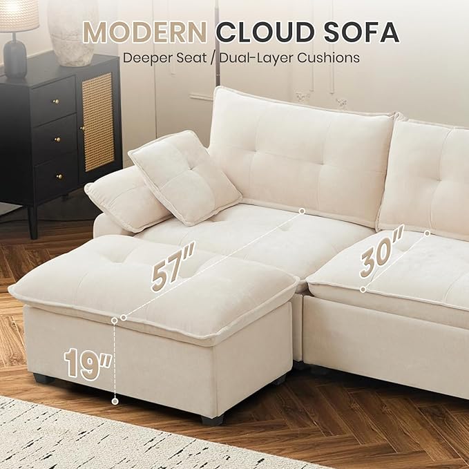 89 L Shaped Sectional Couch Comfy Modular Sectional Cloud Couch with Movable Ottoman 2-Seater Chenille Deep Seat Loveseat with Throw Pillows/USB for Living Room Apartment (Beige)