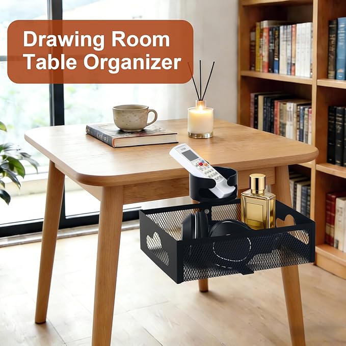 Under Desk Organizer 360° Swivel with Cup Holder Clamp-On No Drill Installation Sturdy Mesh Storage Drawer for OfficeDrawing Room and Kitchen RoomArt Supplies and More (Black) (with Cup Holder)