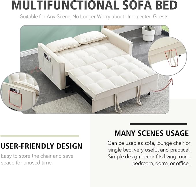 3 In 1 Velvet Convertible Sofa Bed Pull Out Couch Bed with Reclining Backrest And 2 Pillows 54 Full Size Loveseat Sleeper Sofa Futon Couch Bed Couches For Small Spaces Living Room (White)