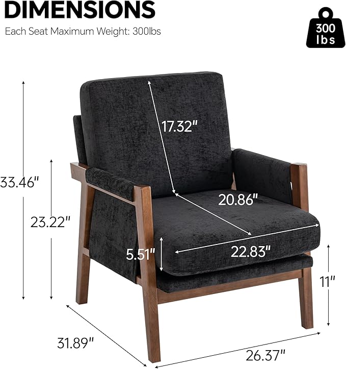 Mid Century Modern Accent Chair with Wood Frame Upholstered Living Room Chairs with Wide Armrest Chenille Fabric Comfy Arm Chair for Bedroom Reading Room Balcony (1 Black)