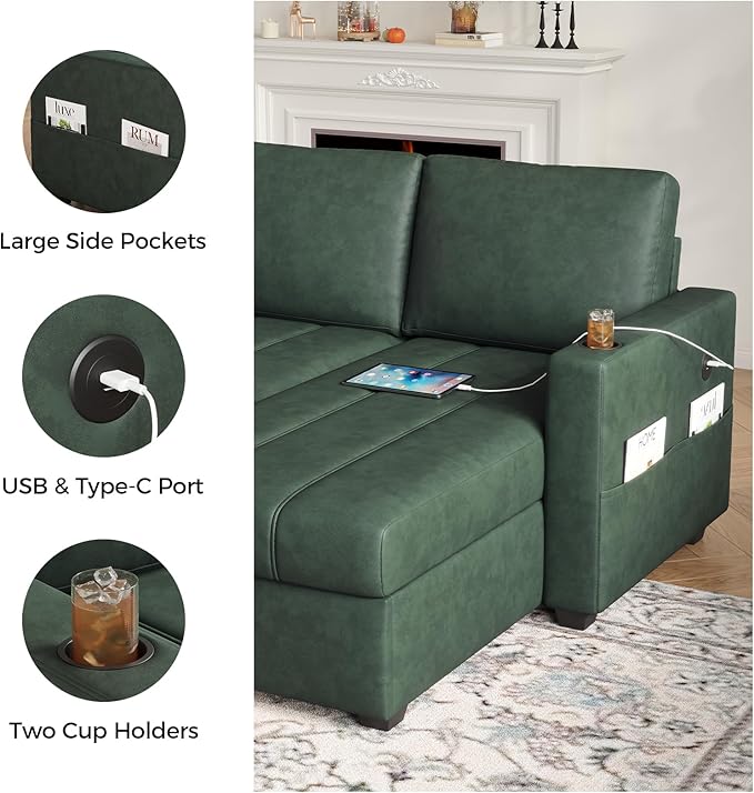 89 inch L-Shaped Sectional Sofa Sleeper with Storage Space &amp Side Pocket Anti-Scratch Faux Leather Couch Bed with USB Port &amp Cup Holder Modern Piano Design Pull Out Bed for Living Room