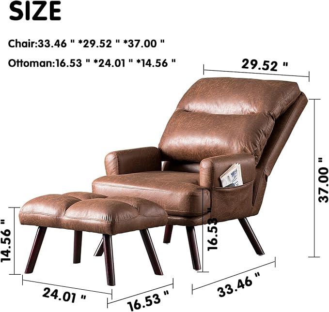 HOOOWOOO Living Room Recliner Chair and Ottoman SetFaux Suede Leather Accent Chairs with OttomanComfy Mid Century Modern Reclining Lounge Chair for Room BedroomDark Brown