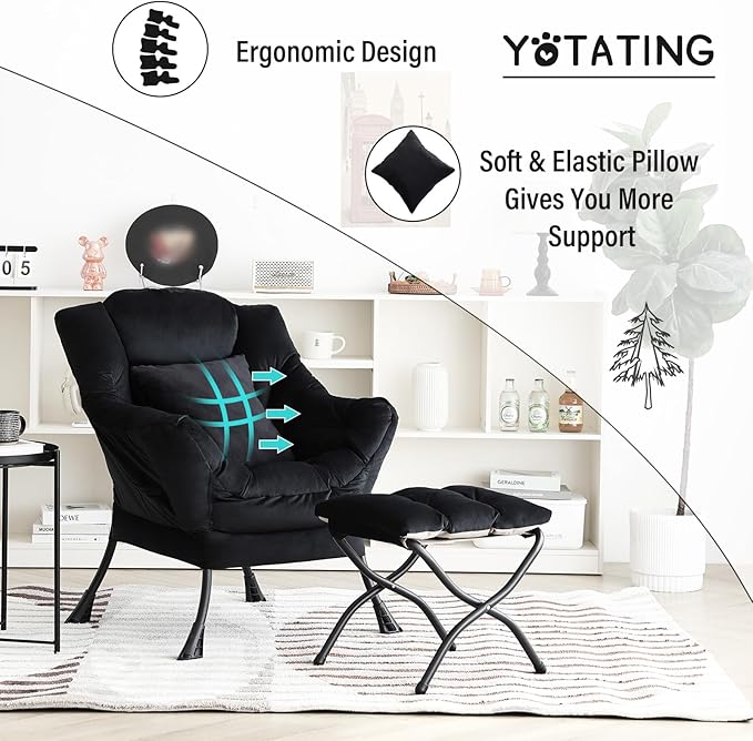 Lazy Chair with Ottoman Comfy Reading Lounge Chair with Footstool &amp Throw Pillow Modern with Armrests &amp Side Pocket for Living Room Bedroom Dorm Room Velvet Black