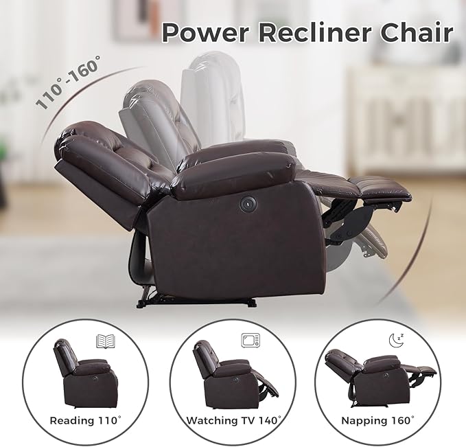 EBELLO Classic Power Recliner Chair Faux Leather Oversized Electric Overstuffed Chair with Thicked Cushion and Back Single Sofa with Comfortable Armchair Brown 2Pcs