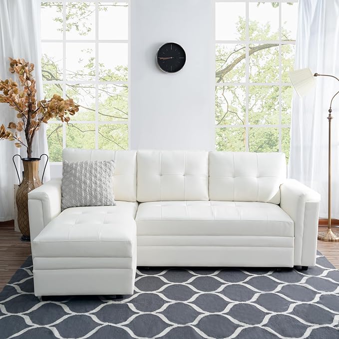 Naomi Home L-Shaped Sectional Sleeper Sofa with USB Ports - Convertible Pull-Out Bed Ample Storage Timeless Design Durable Construction White/Air Leather